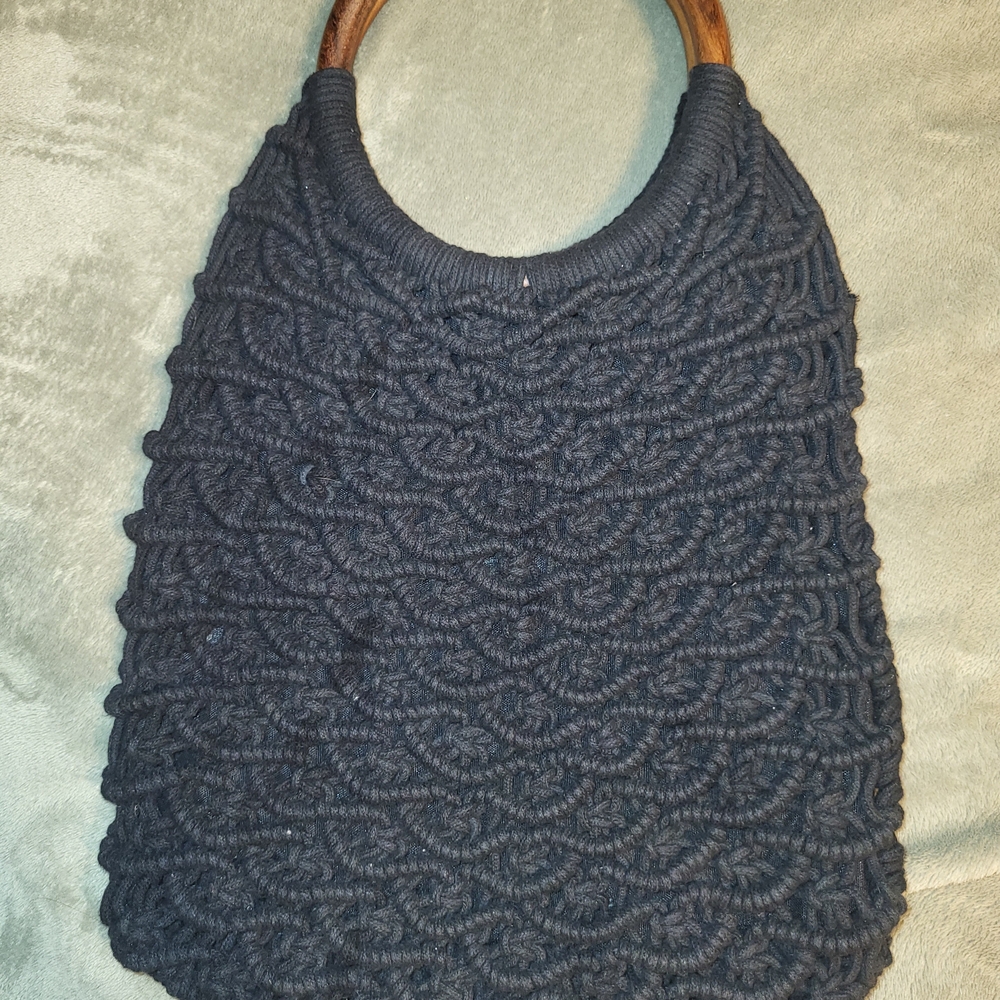 Sigrid Olsen Black Knit Hobo Bag with Wooden Handles